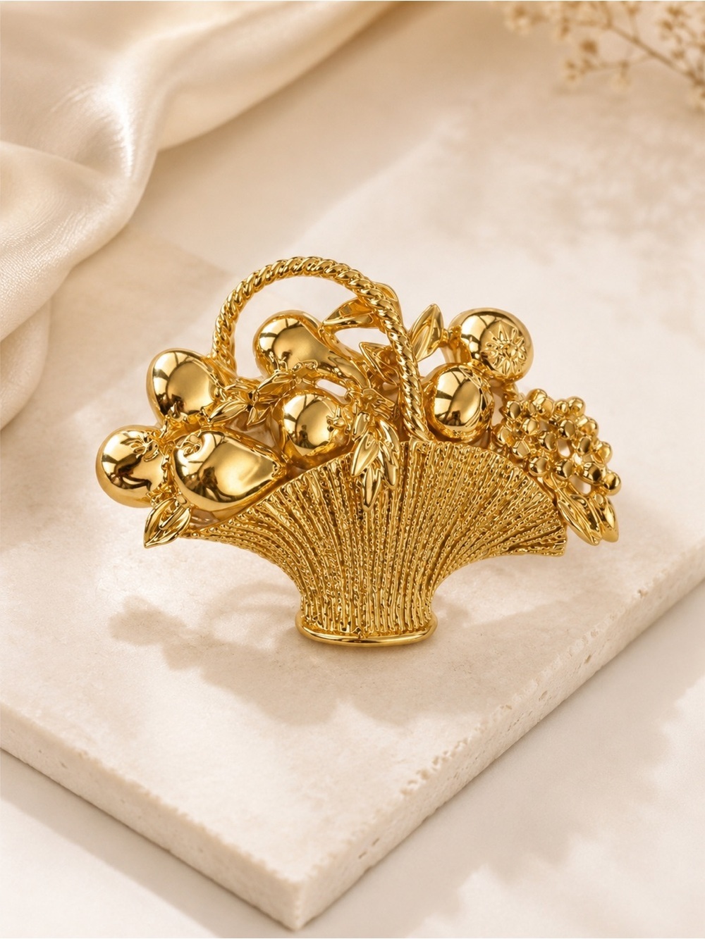 Vintage Gold Tone Brooch Pin Basket of Fruit Flowers Signed